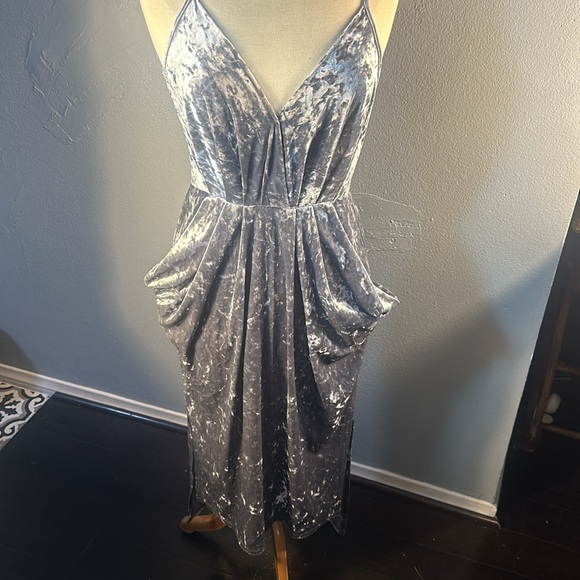 Silver velvet dress long with pockets. Size M - Picture 2 of 7
